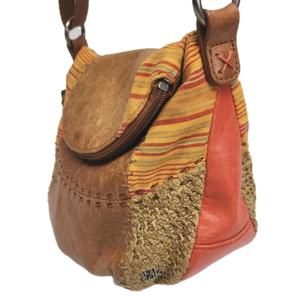 The Sak Purse Deena Flap Crossbody Bag Brown Leather Patchwork Woven Small